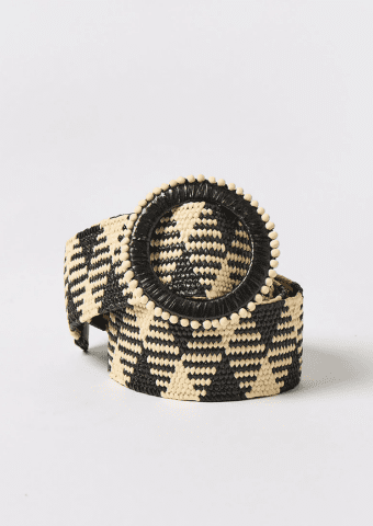 Raffia Black & Cream Beaded Buckle Waist Belt